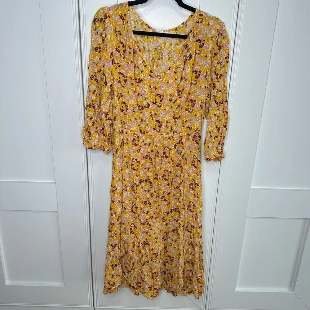 Gap mustard yellow floral midi dress tie waist small (m1)